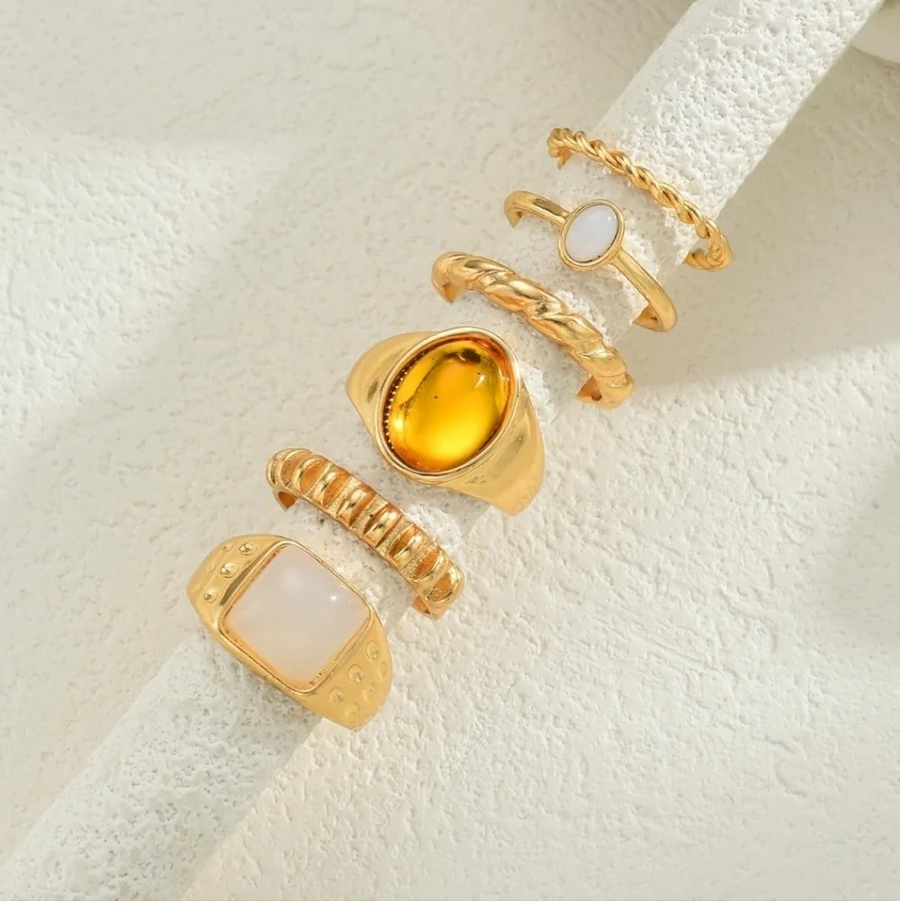 Gold Tone Mixed Stone Stackable Rings - White & Amber Accents 6 Pc Women's Acces